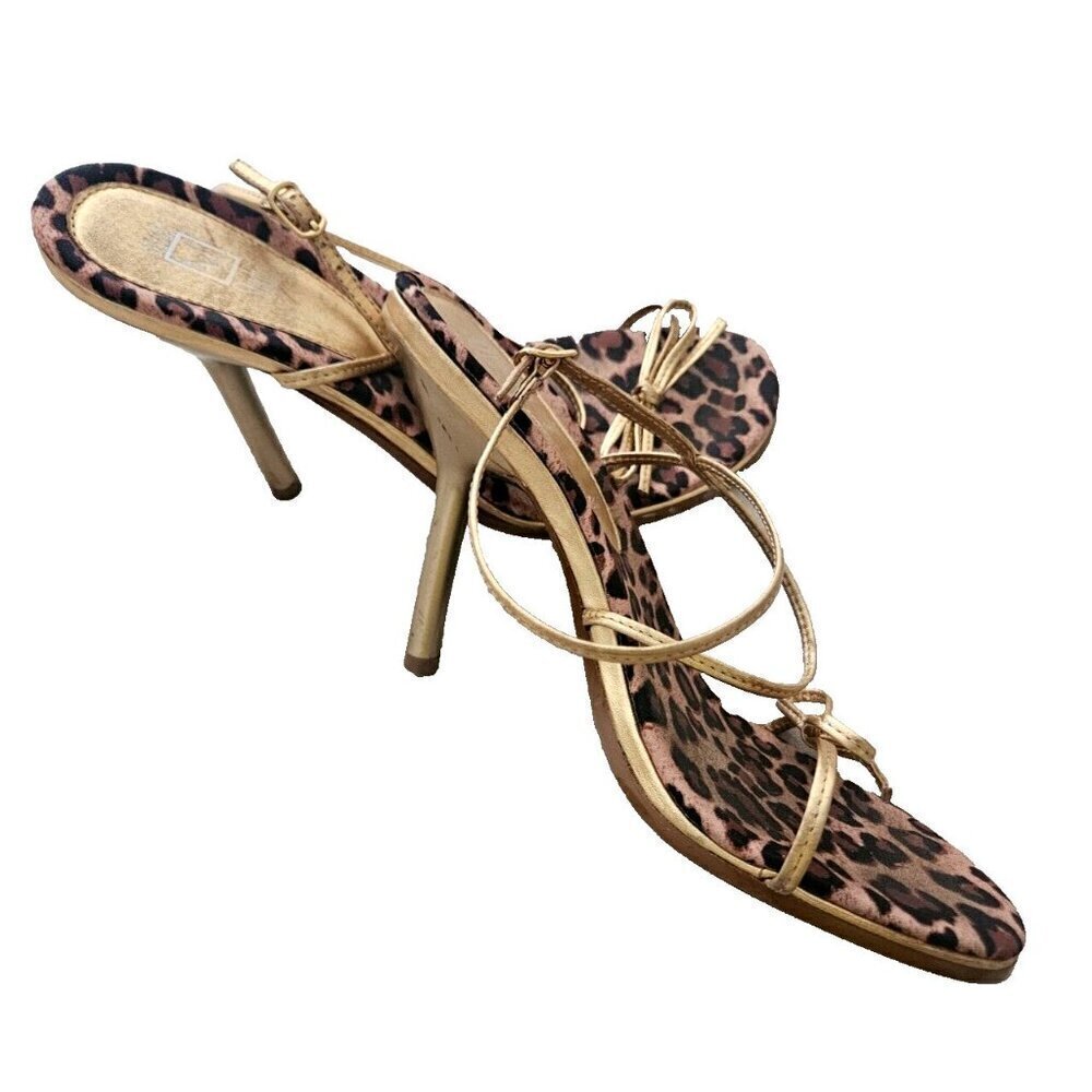 Andrew Stevens Studio Open Toe Leather Strappy Sandal Animal Print Gold Size 7 - Picture 4 of 7